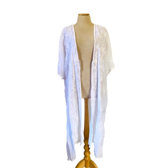 Johnny Was Women's One Size White Lace Embroidered Open Front Kimono - Picture 9 of 15